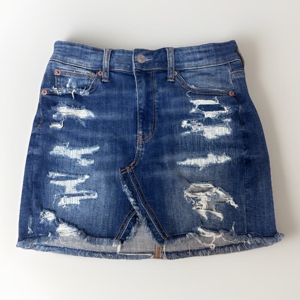 American Eagle Outfitters Blue Stretch Distressed Denim Mini Skirt Womens Size 2
